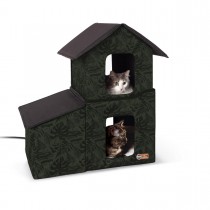 K&H Pet Products Outdoor Two-Story Kitty House with Dining Room Heated Green 22" x 27" x 27"